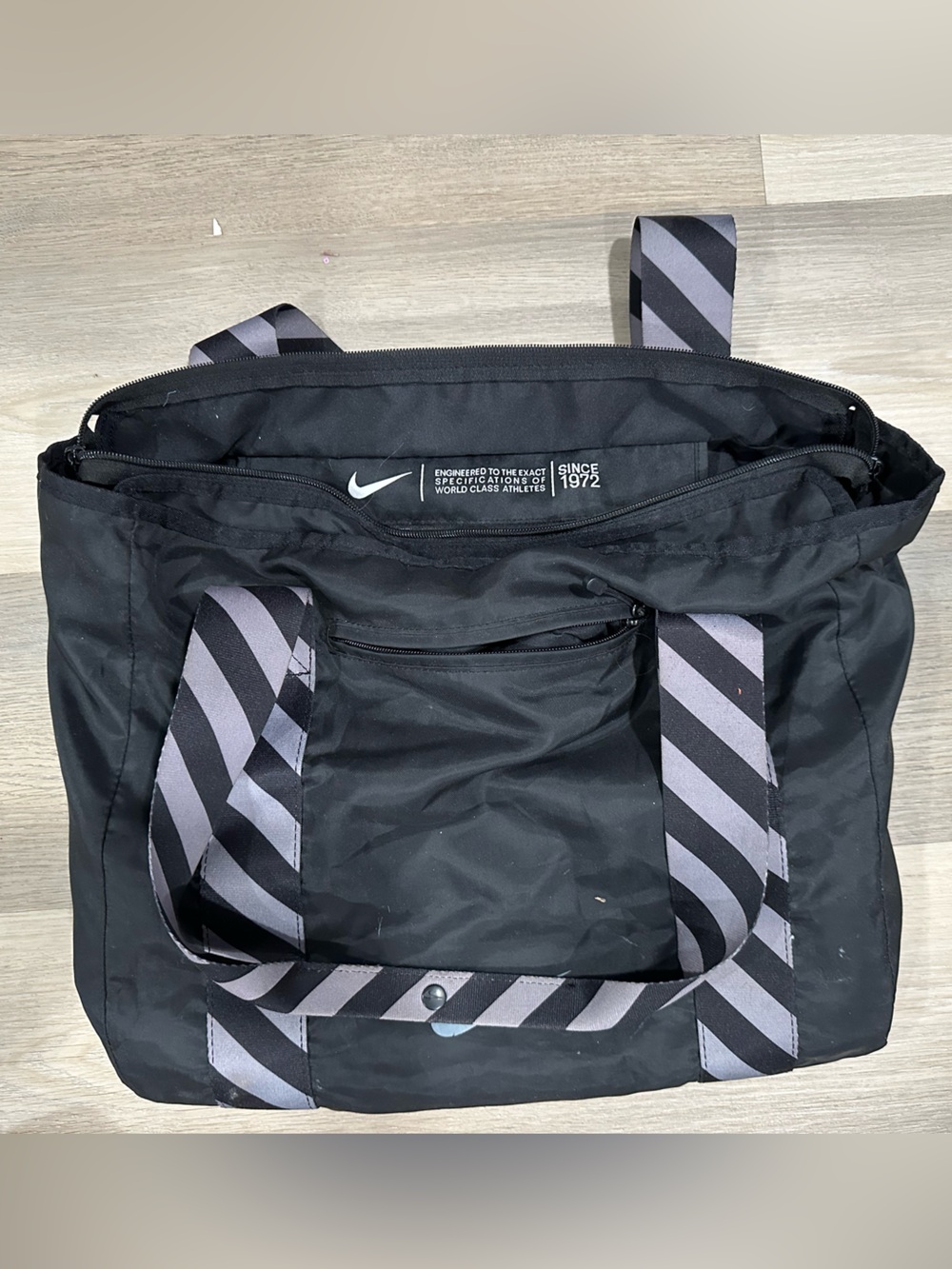 Nike Black Duffel Tote with Gray Diagonal-Striped Handles